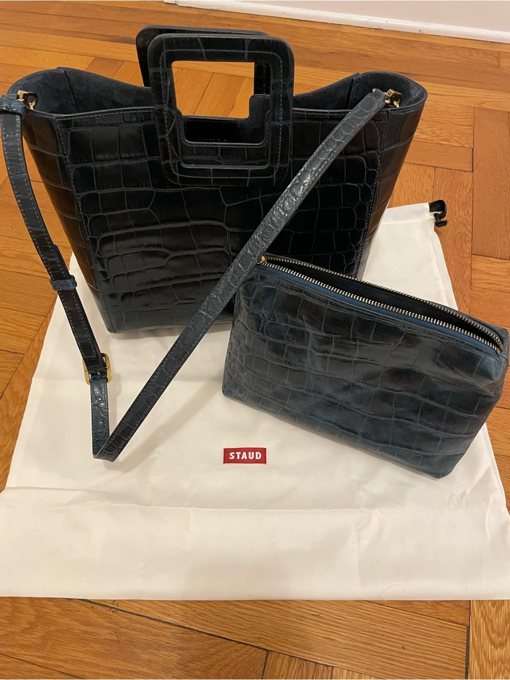 STAUD Teal large Shirley Bag - Croc-Embossed Leather Tote with Matching Pouch